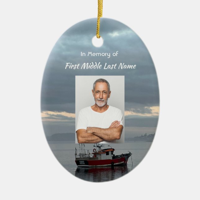 Erinnerungsandenken Fischerboot Fischer Keramik Ornament (Vorne)