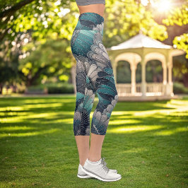 Erklärung Art Nouveau Blue Silver Fans Capri Leggings