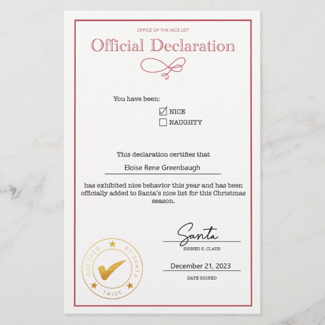 Erklärung von Santa Nice (Vorderseite)