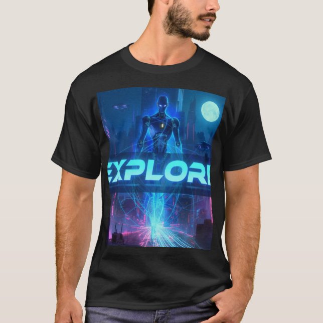 ERKUNDE - Cyberpunk Android Sci-Fi Stadt Neon Tech T-Shirt (Vorderseite)