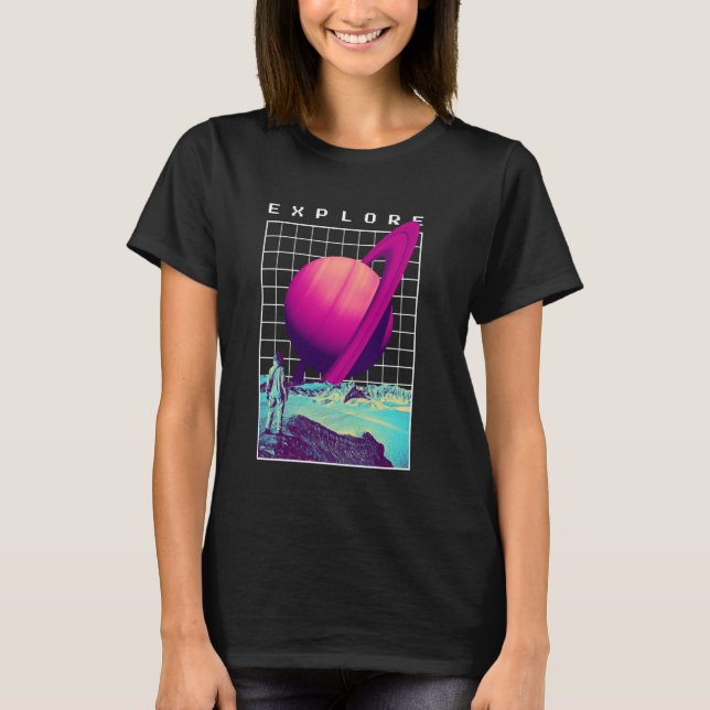 Erkunde Saturn Planet Vaporwave T-Shirt (Vorderseite)