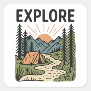 Erkunden Sie Outdoor-Abenteuer Camping Wandern Quadratischer Aufkleber