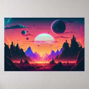 Erkundung der Synthwave-Landschaft eines fernen Wo Poster