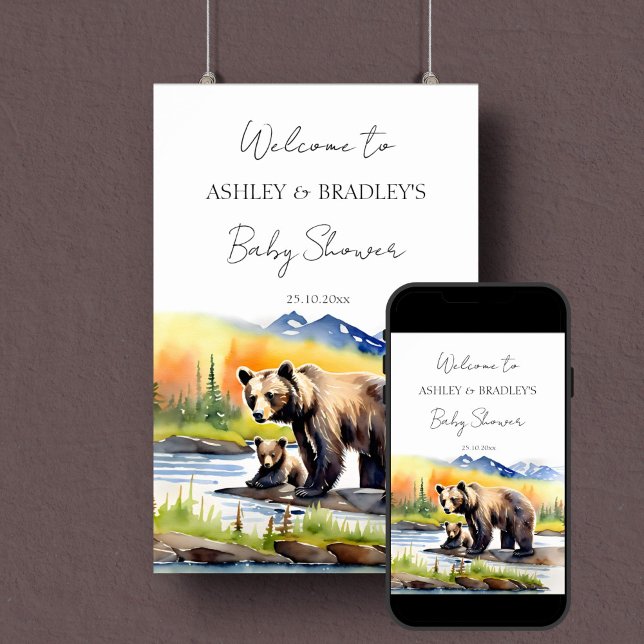 Erlebnis erwartet Baby-Cam Babydusche Begrüßungsze Poster (Adventure awaits national parks themed baby shower welcome sign poster digital download bear cub mom)