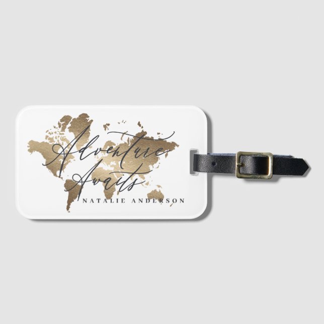 Erlebnis erwartet goldene Aquarellweltkarte Gepäckanhänger (Vorderseite (Horizontal))
