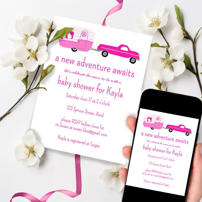 Erlebnis erwartet Niedliche Truck & Trailer BABY S Einladung (Adventure Awaits Cute Pink Truck & Trailer Tree-Free BABY SHOWER Invitation email or print custom
)