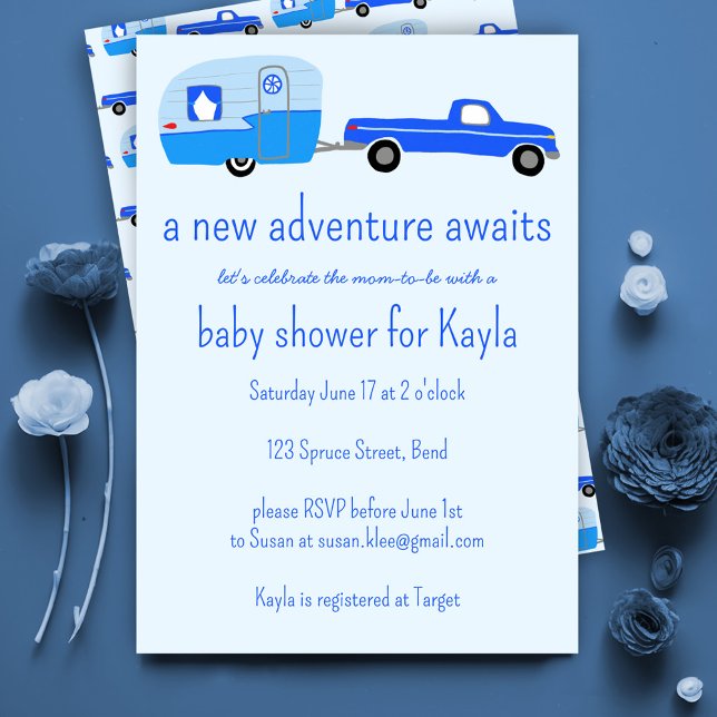 Erlebnis erwartet Niedliche Truck & Trailer BABY S Einladung (Adventure Awaits Cute Truck & Trailer BABY SHOWER Invitation Baby Boy Blue)