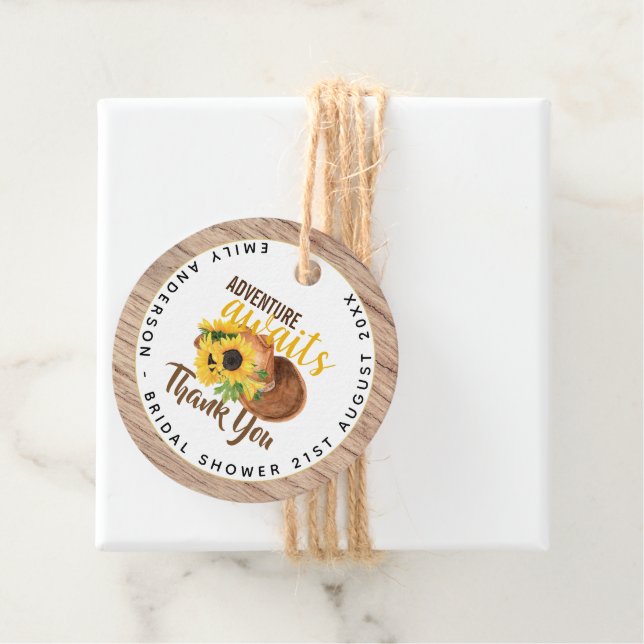 Erlebnis erwartet Rustikales Sonnenblumen-Brautpar Geschenkanhänger (Beispiel)