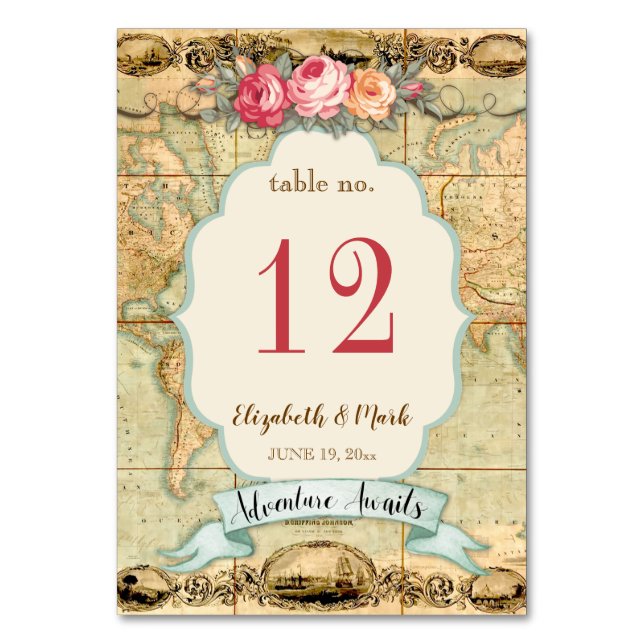 Erlebnis erwartet Vintage Rose der Weltkarte Tischnummer (Vorderseite)