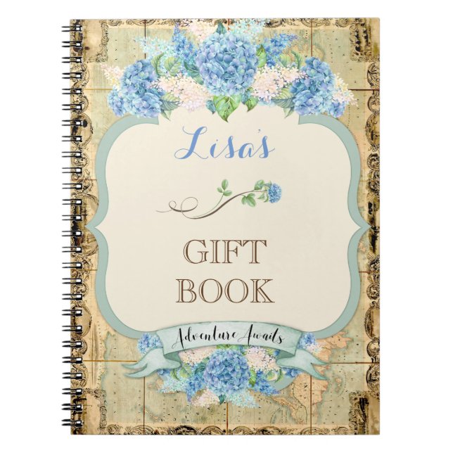 Erlebnis erwartet Vintage Weltkarte Blaue Hydrange Notizblock (Vorderseite)