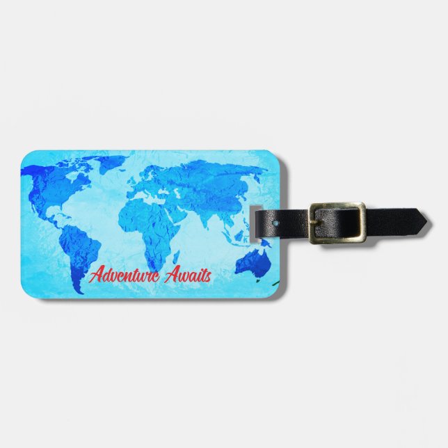 Erlebnis erwartet Weltkarte Geschenk für Aquamarin Gepäckanhänger (Vorderseite horizontal)