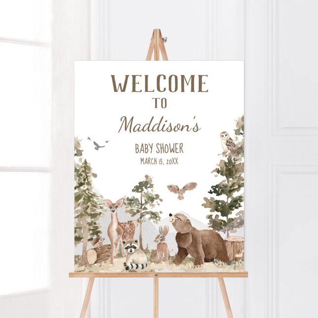Erlebnis erwartet Woodland Tiere Willkommen Poster (Woodland Animals Adventure Awaits Baby Shower Welcome Sign)