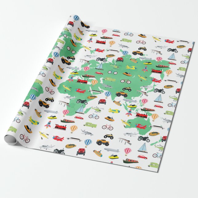Erlebnis erwartet World Map Vehicles Geschenkpapier (Ungerollt)