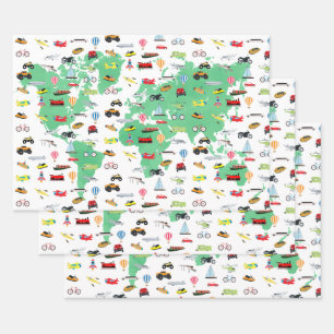 Erlebnis erwartet World Map Vehicles Geschenkpapier Set