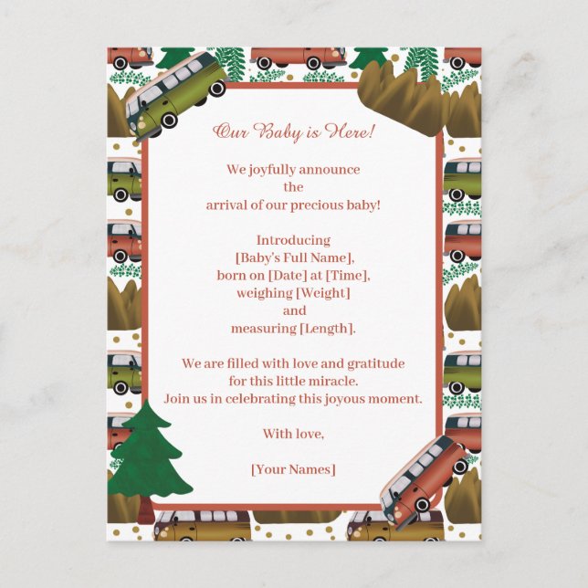 Erlebnisangebote: Camper Baby Boy Ankündigungspostkarte (Vorderseite)