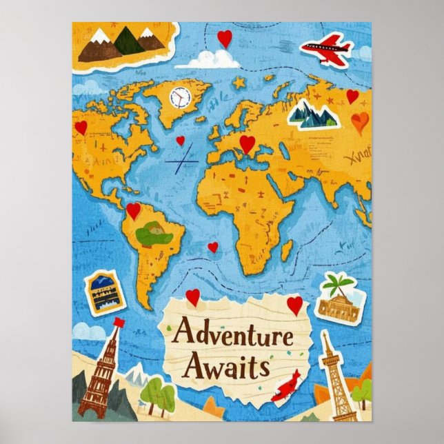 Erlebniswelten für World Map Heart Buttone Poster (Vorne)