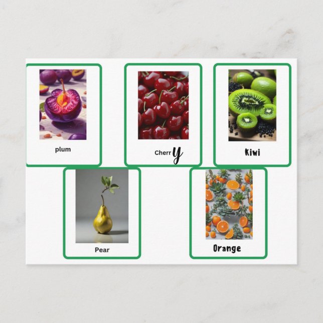 Erlernen der englischen Schreibweise von Früchten Postkarte (Vorderseite)