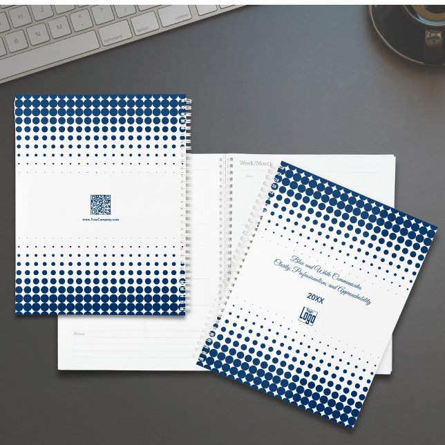 Ernennung von Kleinunternehmen zu Werbezwecken Planer (Promotional Blue White Small Business Appointment Planner, Logo, Tagline, QR code)