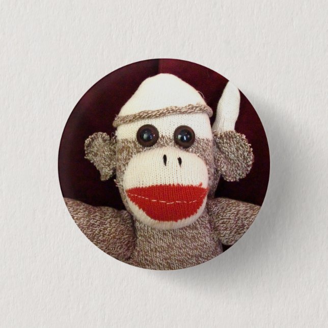 Ernie das Socken-Affe-Gesichts-Button Button (Vorderseite)