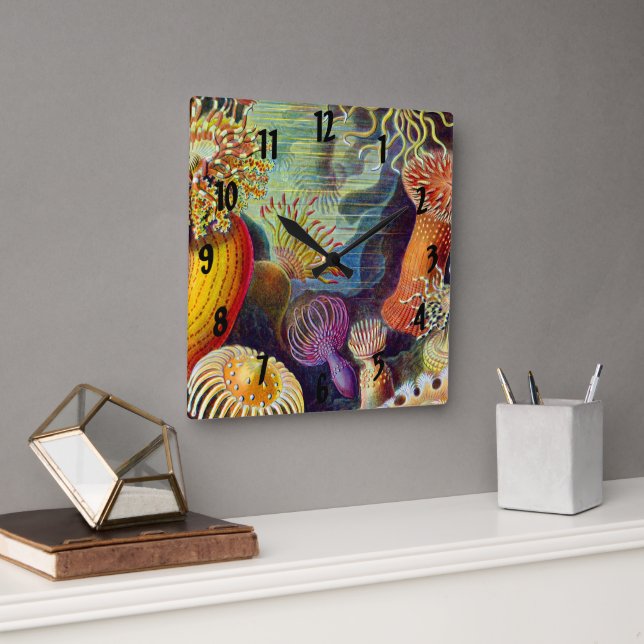 Ernst Haeckel Sea Anemones Marine:Actiniae Quadratische Wanduhr (Büro)