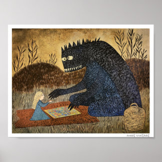 ERNSTER SCHNÖRKS! MÄDCHEN UND MONSTER SPIELEN BRET POSTER