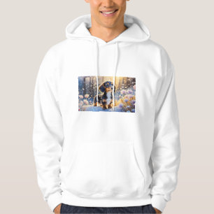 ernsthaft aussehende puffige Dackel schwarze kurze Hoodie