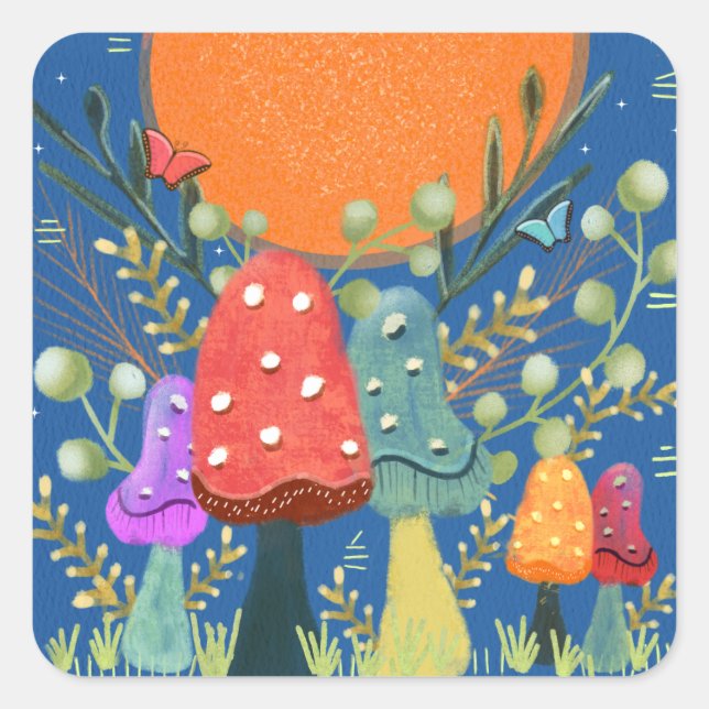 Ernte Moon Mushrooms Quadratischer Aufkleber (Vorderseite)