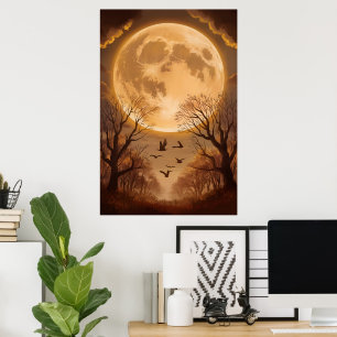 Ernte Moon und Silhouetten im Herbst Poster