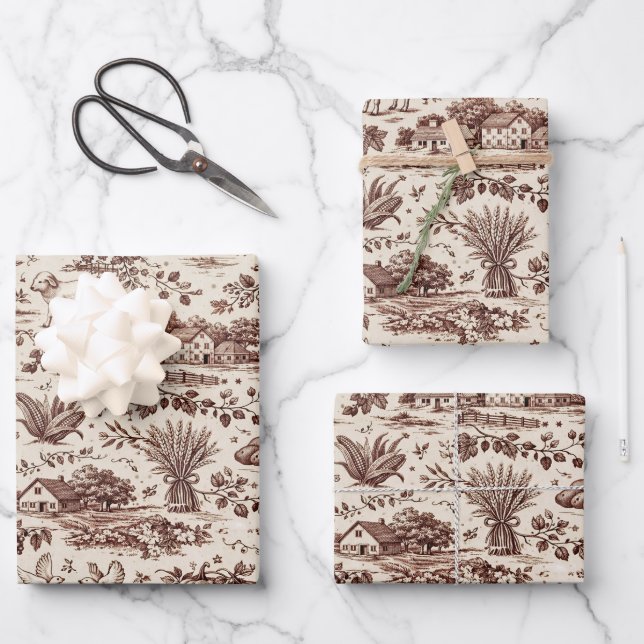 Ernte Sepia Braun Toile Geschenkpapier Set (Vorderseite)