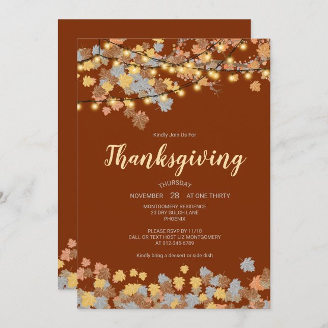 Erntedank Abendessen Herbst lässt Vintage Lichter Einladung (Vorne/Hinten)