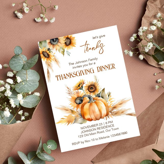 Erntedank Abendessen Party boho Kürbissonnenblumen Einladung (Thanksgiving dinner party boho template invitation digital download watercolor pumpkin sunflowers)