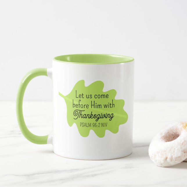 Erntedank Bible Verse Grüne Leaf Autumm Tasse (Mit Donut)