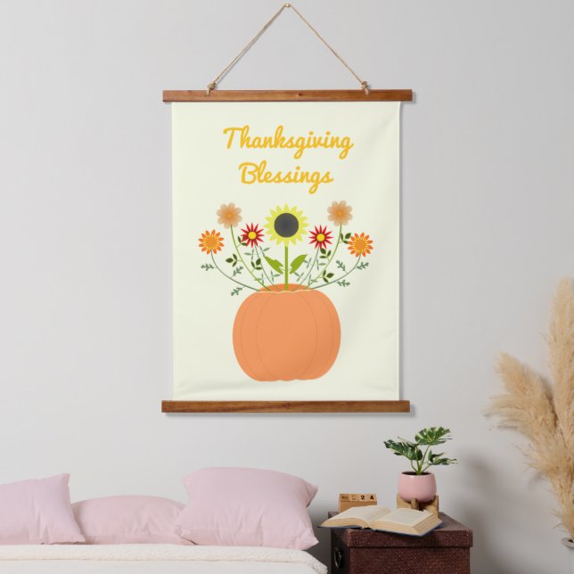 Erntedank-Blume in Pumpkin Custom Wandteppich Mit Holzrahmen (Schlafzimmer)