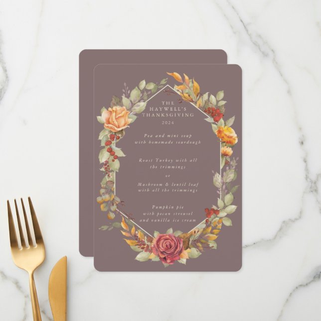Erntedank Blumenrahmen mit 3 Kursen Menükarte (Vorderseite/Rückseite Beispiel)