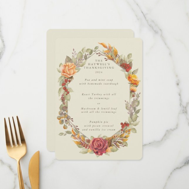 Erntedank Blumenrahmen mit 3 Kursen Menükarte (Vorderseite/Rückseite Beispiel)