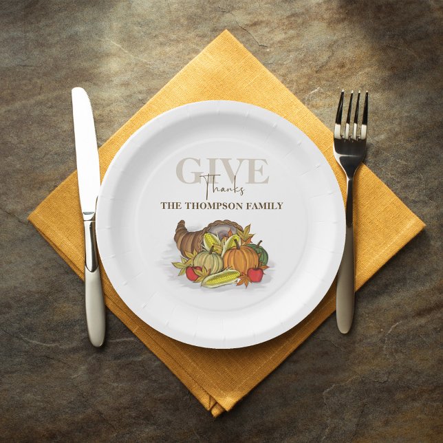 Erntedank Cornucopia Elegante Danke Herbst Pappteller (Give thanks Thanksgiving harvest cornucopia custom paper plate. )