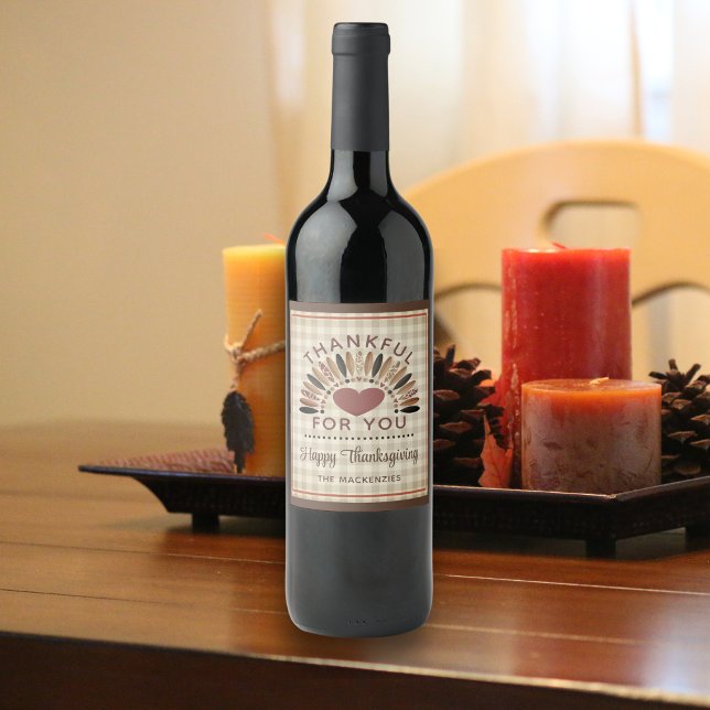 Erntedank DANKFUL FÜR SIE Rustikale Gingham Weinetikett (Von Creator hochgeladen)