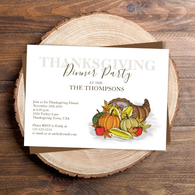 Erntedank-Dinner im Herbst Einladung (Thanksgiving cornucopia invitation with watercolor turkey and fall foliage. )