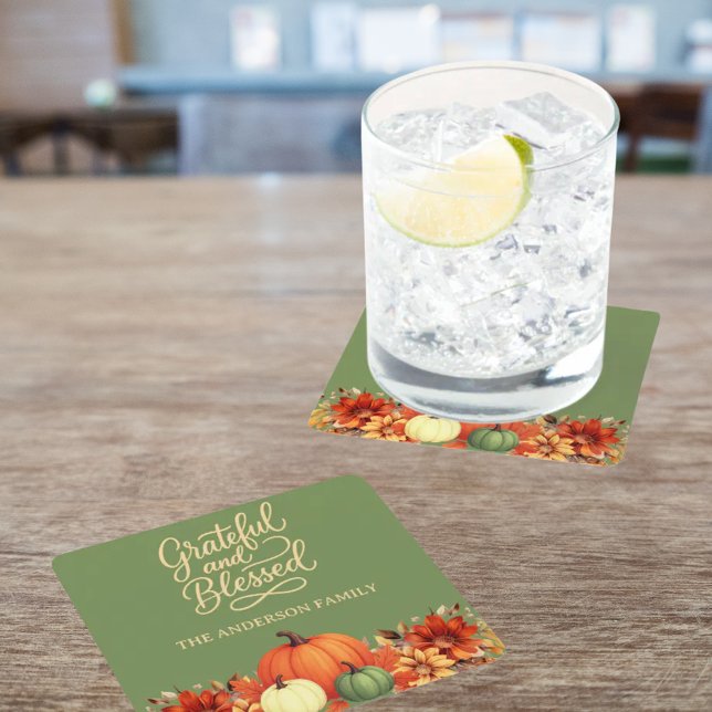 Erntedank Dinner Kürbis grün Grateful gesegnet Rechteckiger Pappuntersetzer (Von Creator hochgeladen)