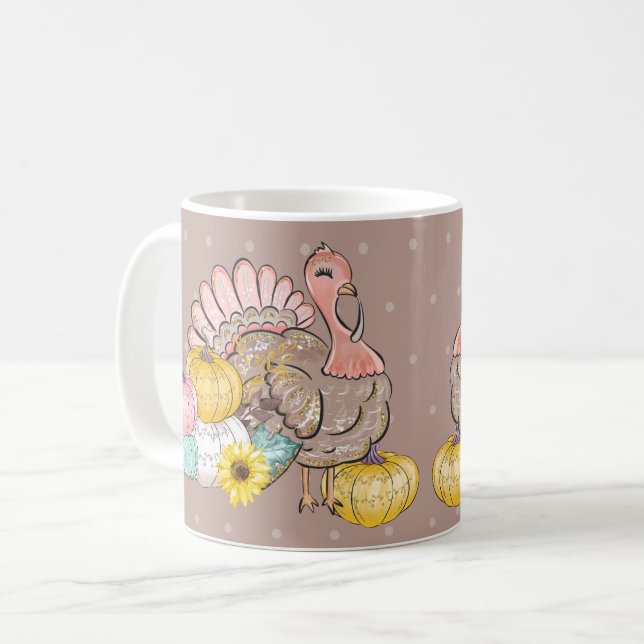 Erntedank Dinner Party Türkei Pumpkins Pink Tan Kaffeetasse (Vorderseite Links)
