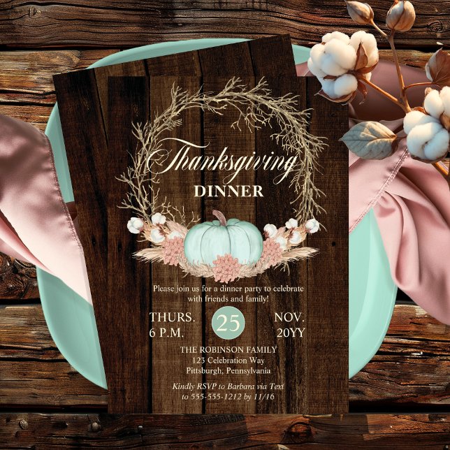 Erntedank Dinner Rustic Pumpkin Pampas Wreath Einladung (Thanksgiving Dinner Rustic Pumpkin Pampas Wreath Pink | Mint Pastels Invitation)
