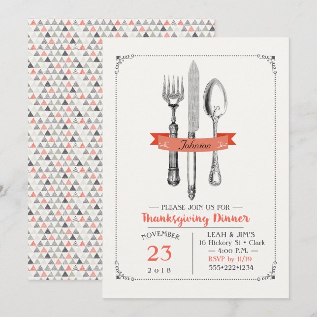 Erntedank Dinner Utensitis Peach Gray Einladung (Vorne/Hinten)