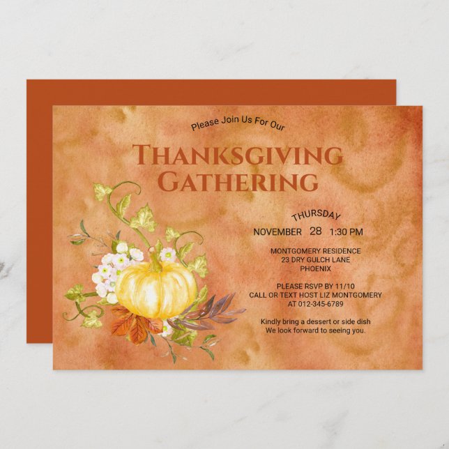 Erntedank Dinner Wasserfarbe Pumpkin Blätter Einladung (Vorne/Hinten)