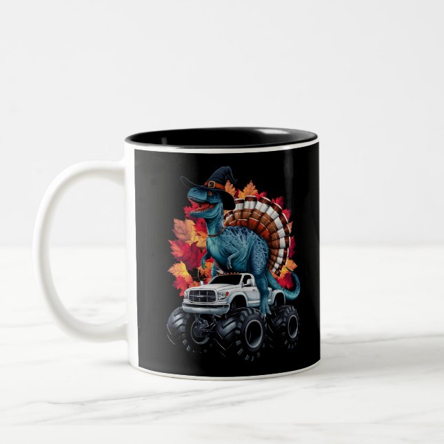 Erntedank Dinosaur T-Rex Monster Truck Zweifarbige Tasse (Links)