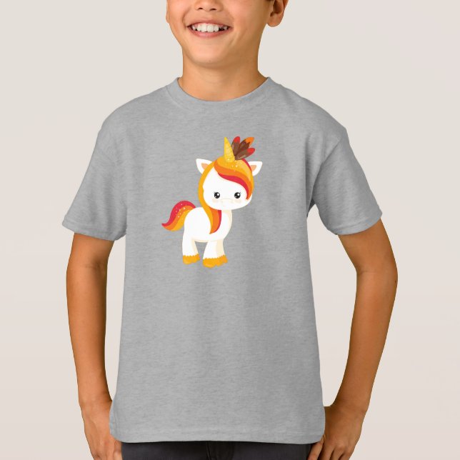 Erntedank Einhorn, Niedliches Einhorn, Federn T-Shirt (Vorderseite)
