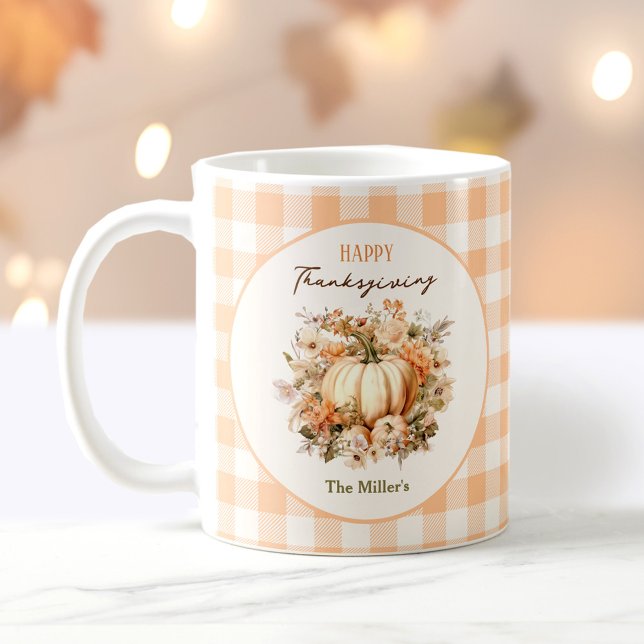 Erntedank Fall Pumpkin Gingham Pastel Name Kaffeetasse (Thanksgiving Fall Pumpkin Gingham Pastel Name Coffee Mug)