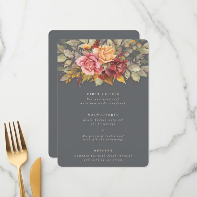 Erntedank Floral Border Flat 3 Course Menükarte (Vorderseite/Rückseite Beispiel)