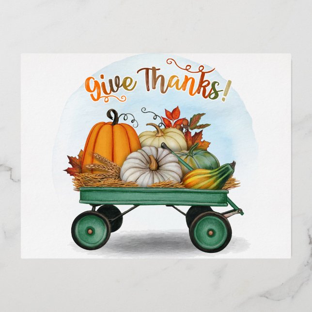Erntedank Folien Feiertagspostkarte ("Harvest blessings on wheels — time to give thanks and roll into autumn!")