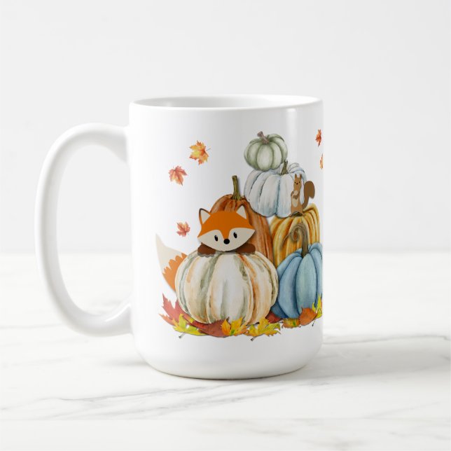 Erntedank Fox und farbenfrohe Fallpumpen Kaffeetasse (Links)