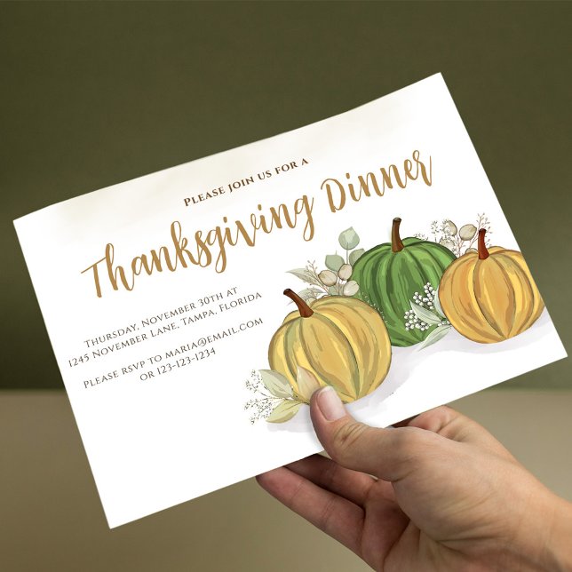 Erntedank für den einfachen Herbst Einladung (Thanksgiving watercolor gourds with watercolor greenery foliage. )